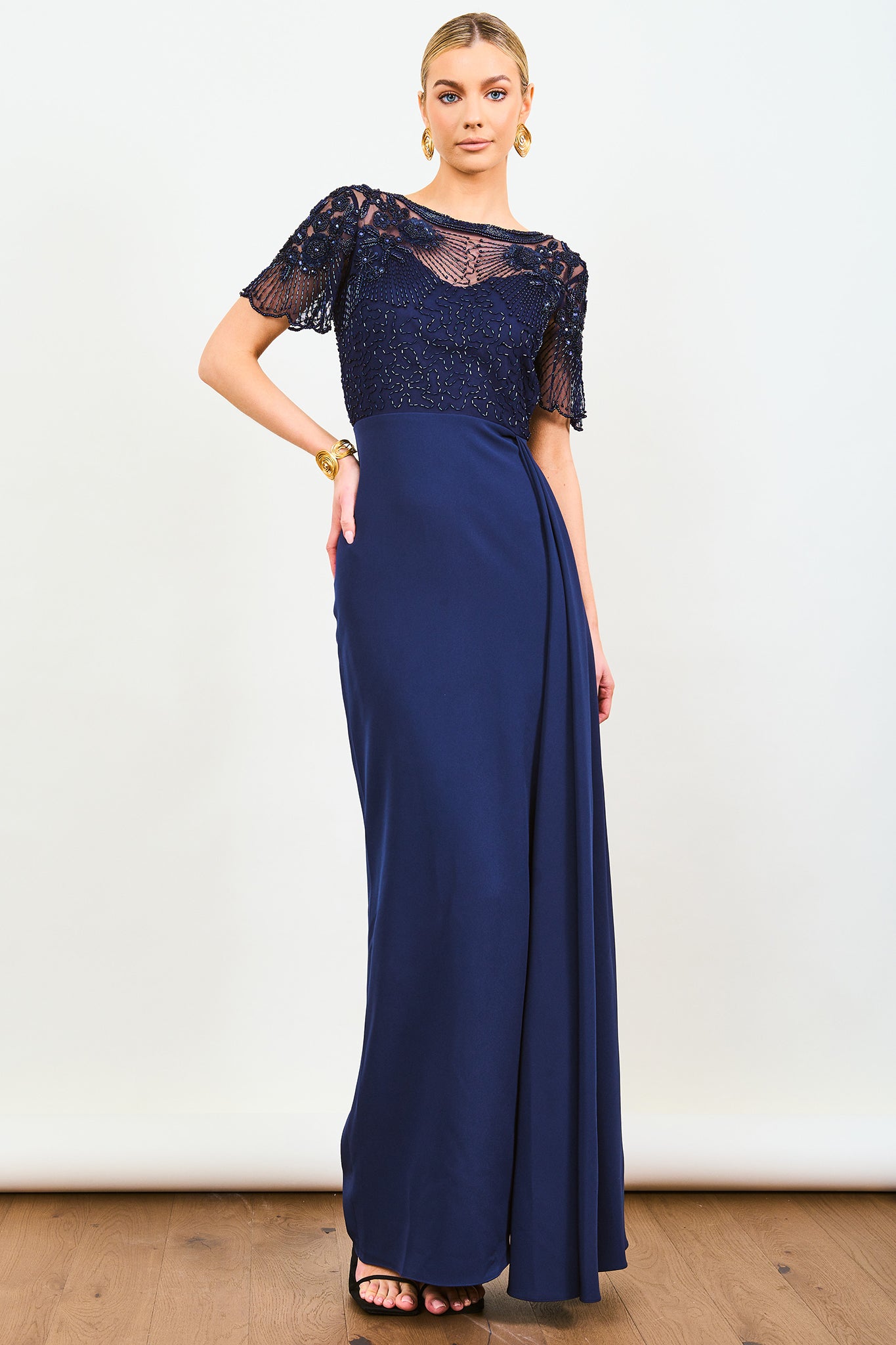 Virgos lounge all over embellished sales long sleeve maxi dress in navy