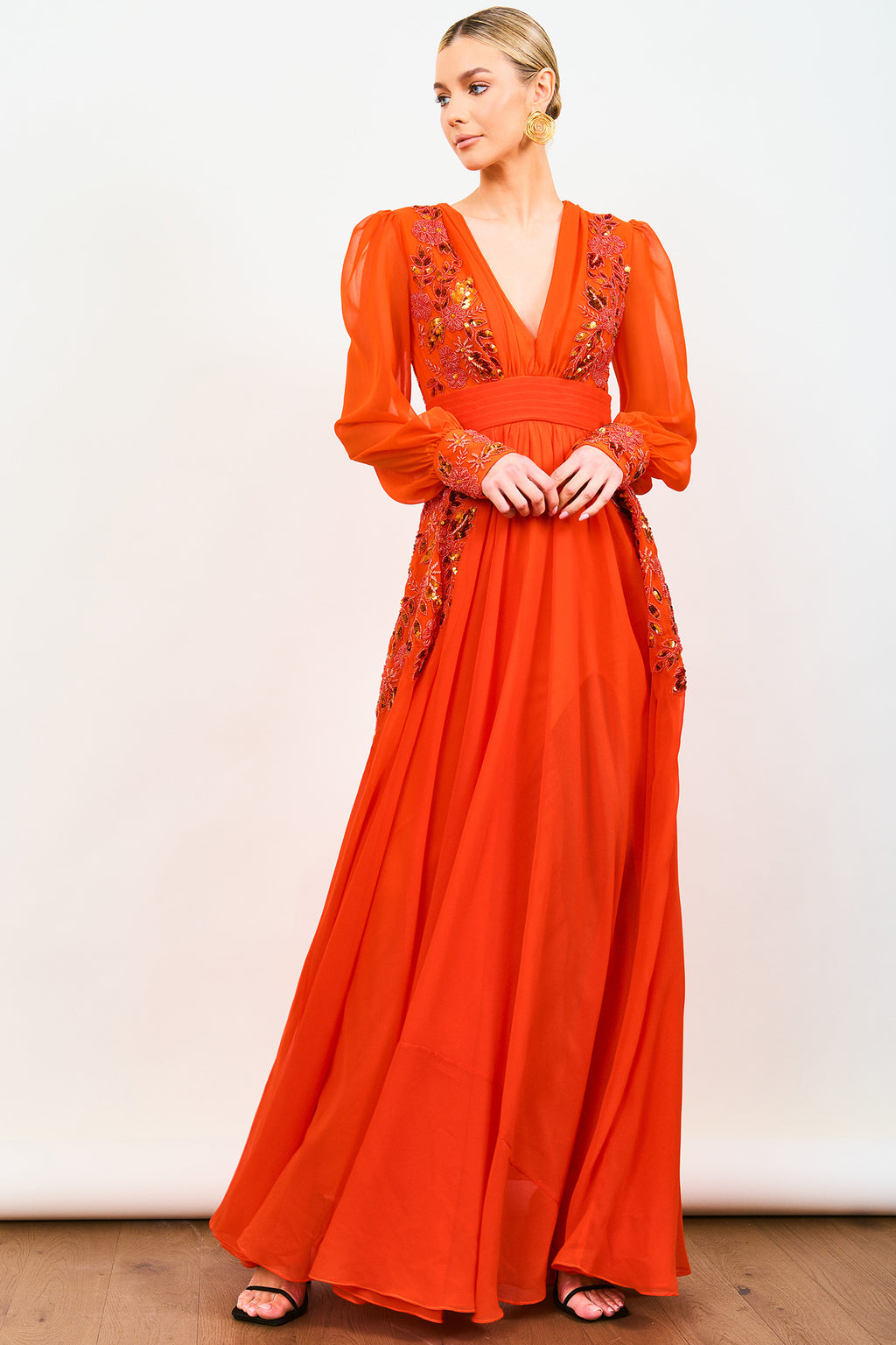 Virgos Lounge Selenaa Embellished Orange Long Sleeve Maxi Dress