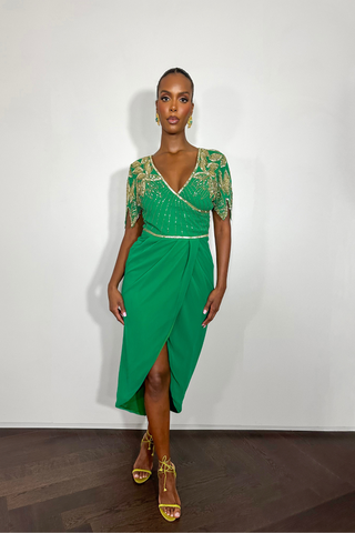 VIRGOS LOUNGE Ursula green wrap midi dress with vintage inspired embellishment Virgos Lounge