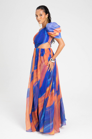 Renee Dress Blue Orange Cosmo Print