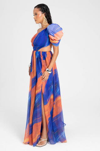 Renee Dress Blue Orange Cosmo Print