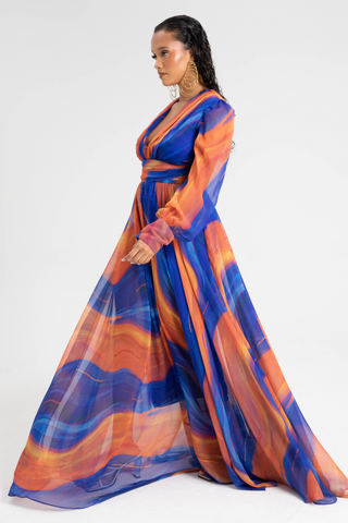 Selenaa Dress Orange Blue Cosmo Print