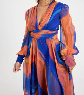 Selenaa Dress Orange Blue Cosmo Print