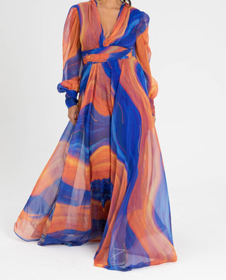 Selenaa Dress Orange Blue Cosmo Print