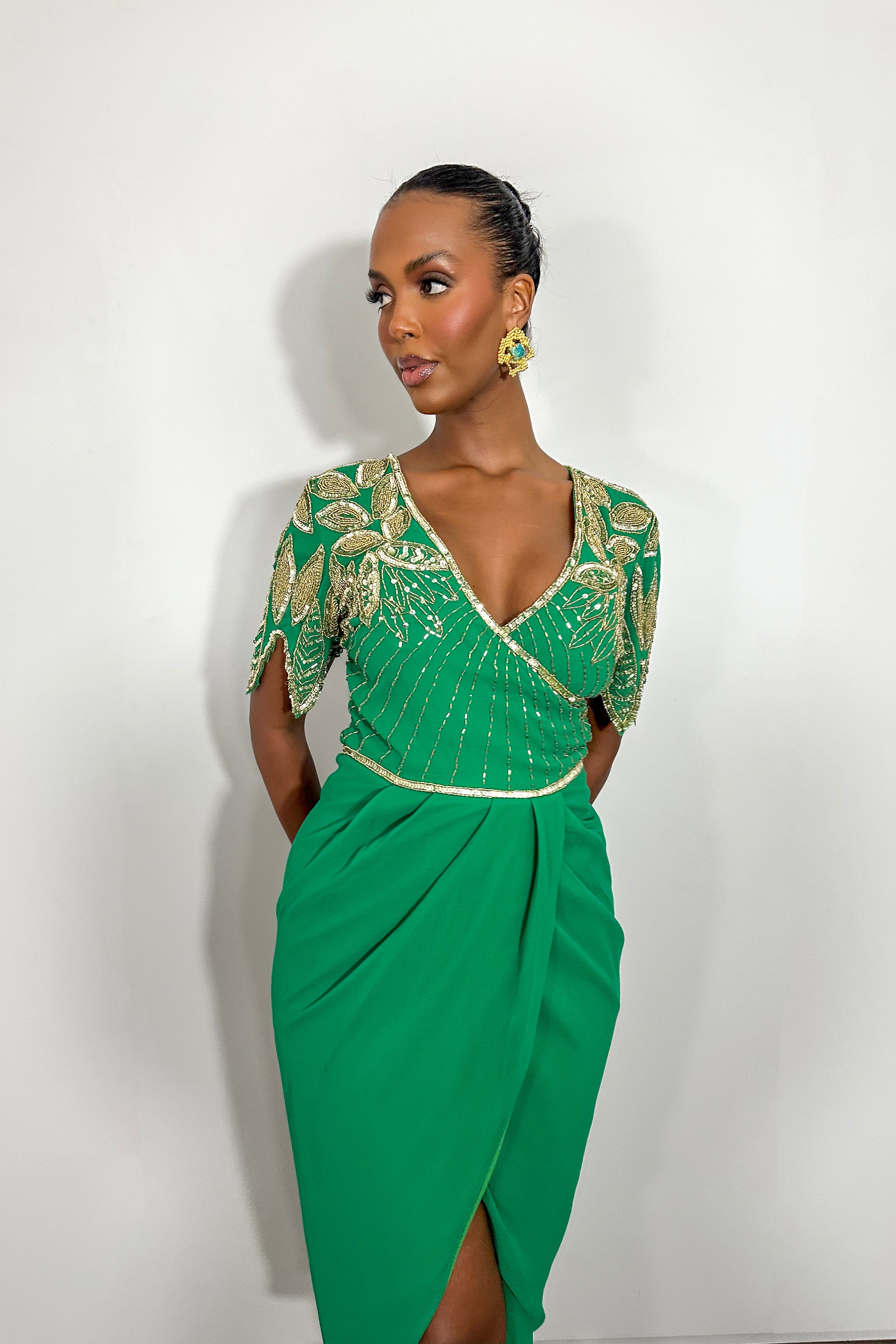 Green wrap midi dress hotsell