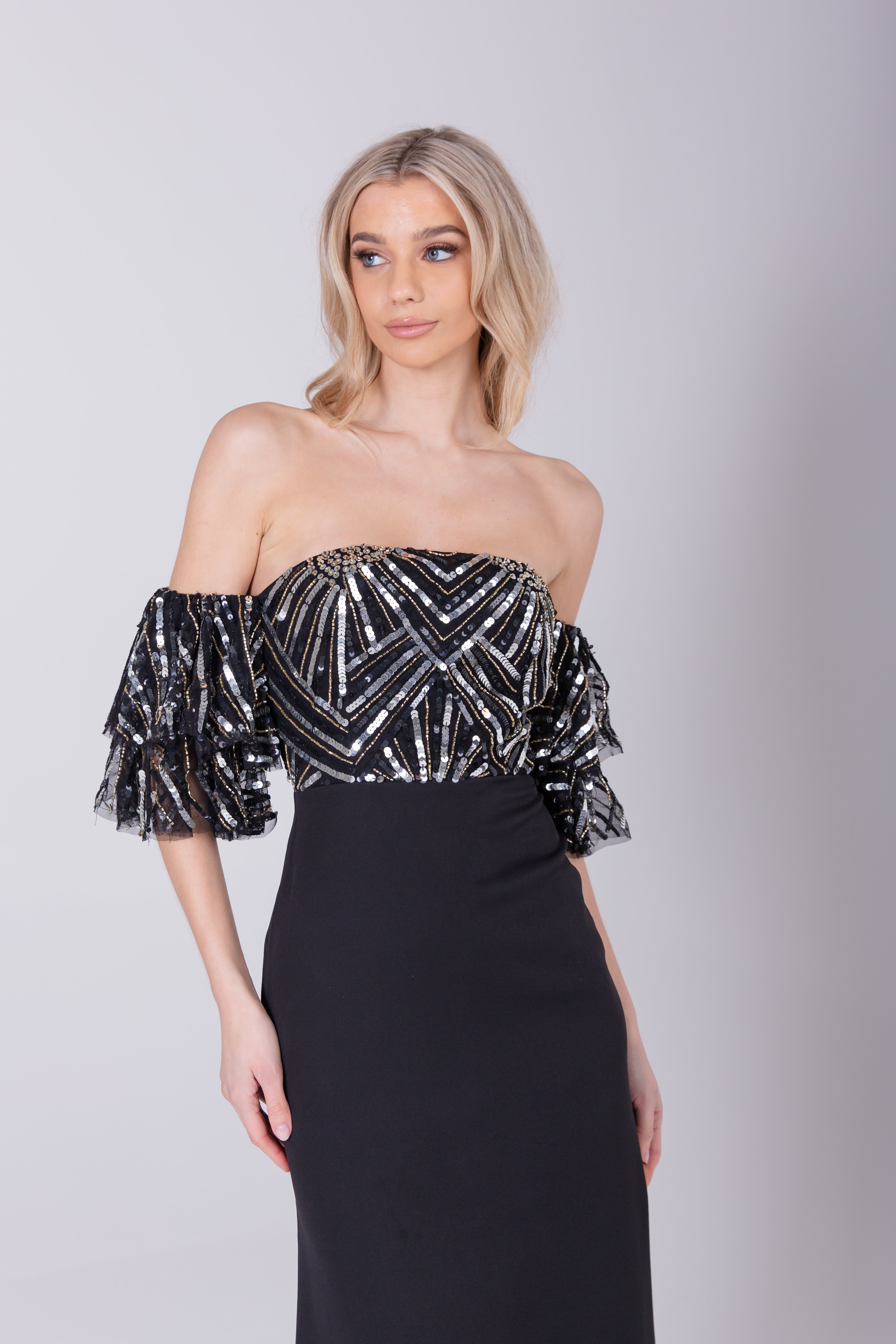 Arin Art Deco Embellished Black Off-Shoulder Maxi Dress – Virgos Lounge